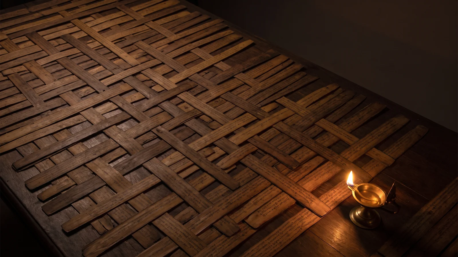Lưới lá bối cổ đan dày như bản đồ thành phố nhìn từ trên cao, một ngọn đèn dầu soi sáng một góc