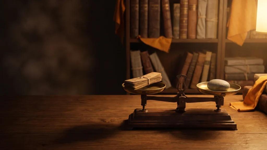 Cân đĩa gỗ cổ trong thư phòng: một bên xấp bản thảo lá bối, một bên hòn đá cuội