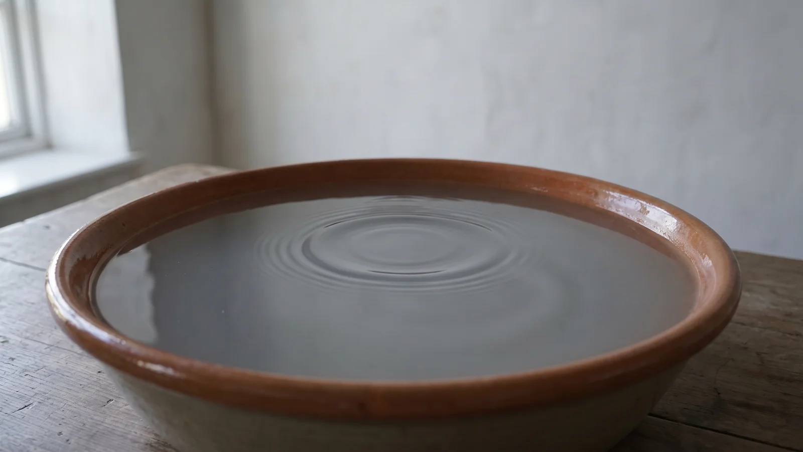 Mặt nước phẳng trong chiếc chậu sành, một gợn sóng tròn vừa lan ra từ tâm mà không thấy vật gì rơi xuống