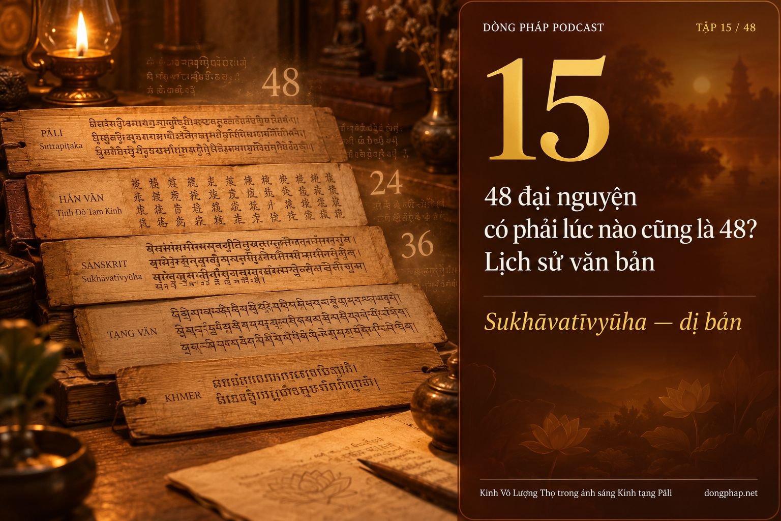 Ảnh bìa Tập 15: 48 đại nguyện có phải lúc nào cũng là 48? Đi vào lịch sử văn bản Kinh Vô Lượng Thọ — Dòng Pháp Podcast