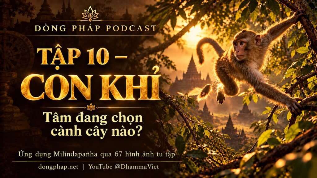 Ảnh bìa Tập 10 – Con khỉ: tâm đang chọn cành cây nào? | Ứng dụng Milindapañha qua 67 hình ảnh tu tập – Dòng Pháp Podcast