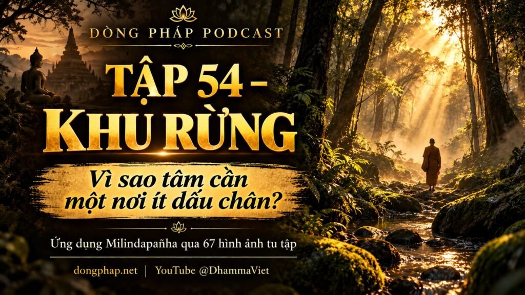 Ảnh bìa Tập 54 – Khu rừng: vì sao tâm cần một nơi ít dấu chân? | Ứng dụng Milindapañha qua 67 hình ảnh tu tập – Dòng Pháp Podcast