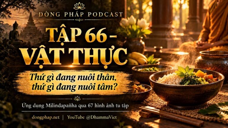 Ảnh bìa Tập 66 – Vật thực: thứ gì đang nuôi thân, thứ gì đang nuôi tâm? | Ứng dụng Milindapañha qua 67 hình ảnh tu tập – Dòng Pháp Podcast