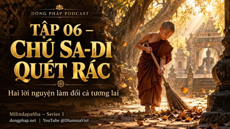 Ảnh bìa Tập 6 – Chú sa-di quét rác và hai lời nguyện kỳ lạ | Milindapañha – Milinda Vấn Đạo – Dòng Pháp Podcast