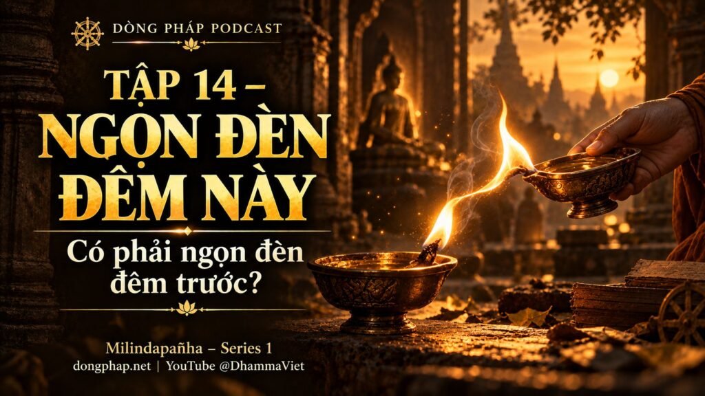 Ảnh bìa Tập 14 – Ngọn đèn đêm này có phải ngọn đèn đêm trước? | Milindapañha – Milinda Vấn Đạo – Dòng Pháp Podcast