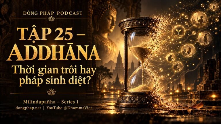 Ảnh bìa Tập 25 – Addhāna – thời gian thực sự đang trôi hay chỉ có pháp sinh diệt? | Milindapañha – Milinda Vấn Đạo – Dòng Pháp Podcast