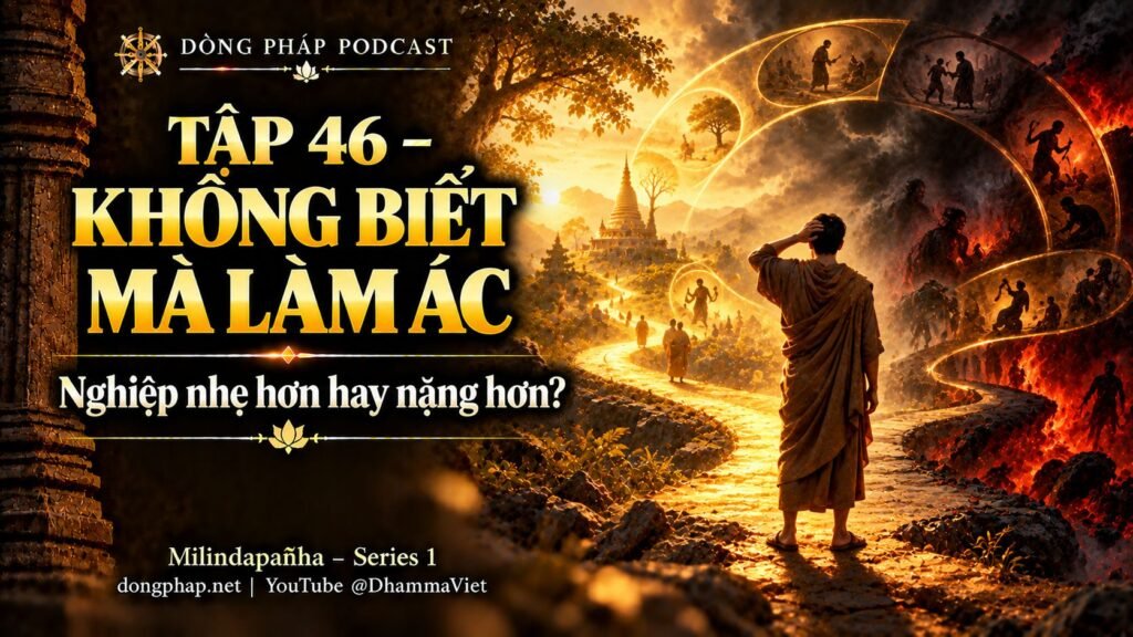 Ảnh bìa Tập 46 – Người không biết mà làm ác: nghiệp nhẹ hơn hay nặng hơn? | Milindapañha – Milinda Vấn Đạo – Dòng Pháp Podcast