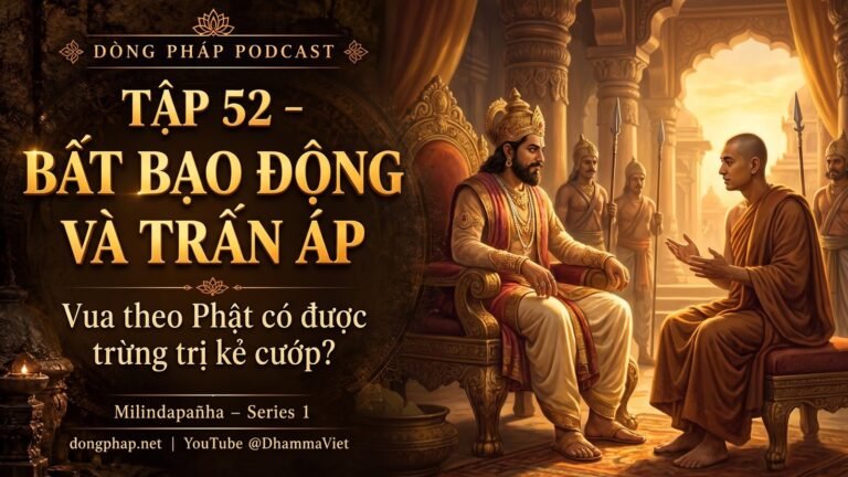 Ảnh bìa Tập 52 – Bất bạo động và trấn áp có mâu thuẫn nhau? | Milindapañha – Milinda Vấn Đạo – Dòng Pháp Podcast