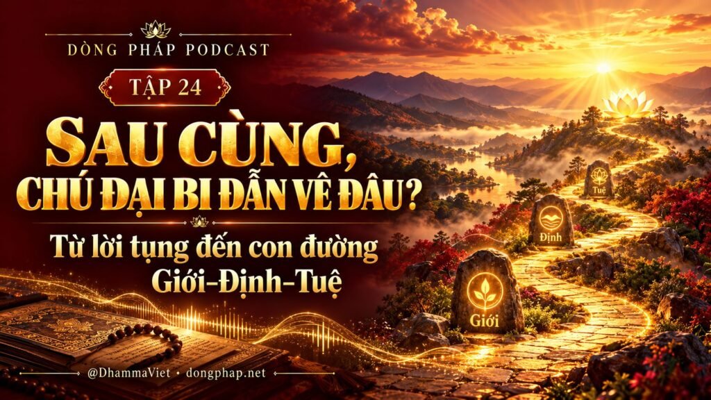 Ảnh bìa Tập 24 – Sau cùng, Chú Đại Bi dẫn về đâu? – Từ lời tụng đến con đường Giới–Định–Tuệ | Chú Đại Bi trong ánh sáng Kinh tạng Pāli – Dòng Pháp Podcast
