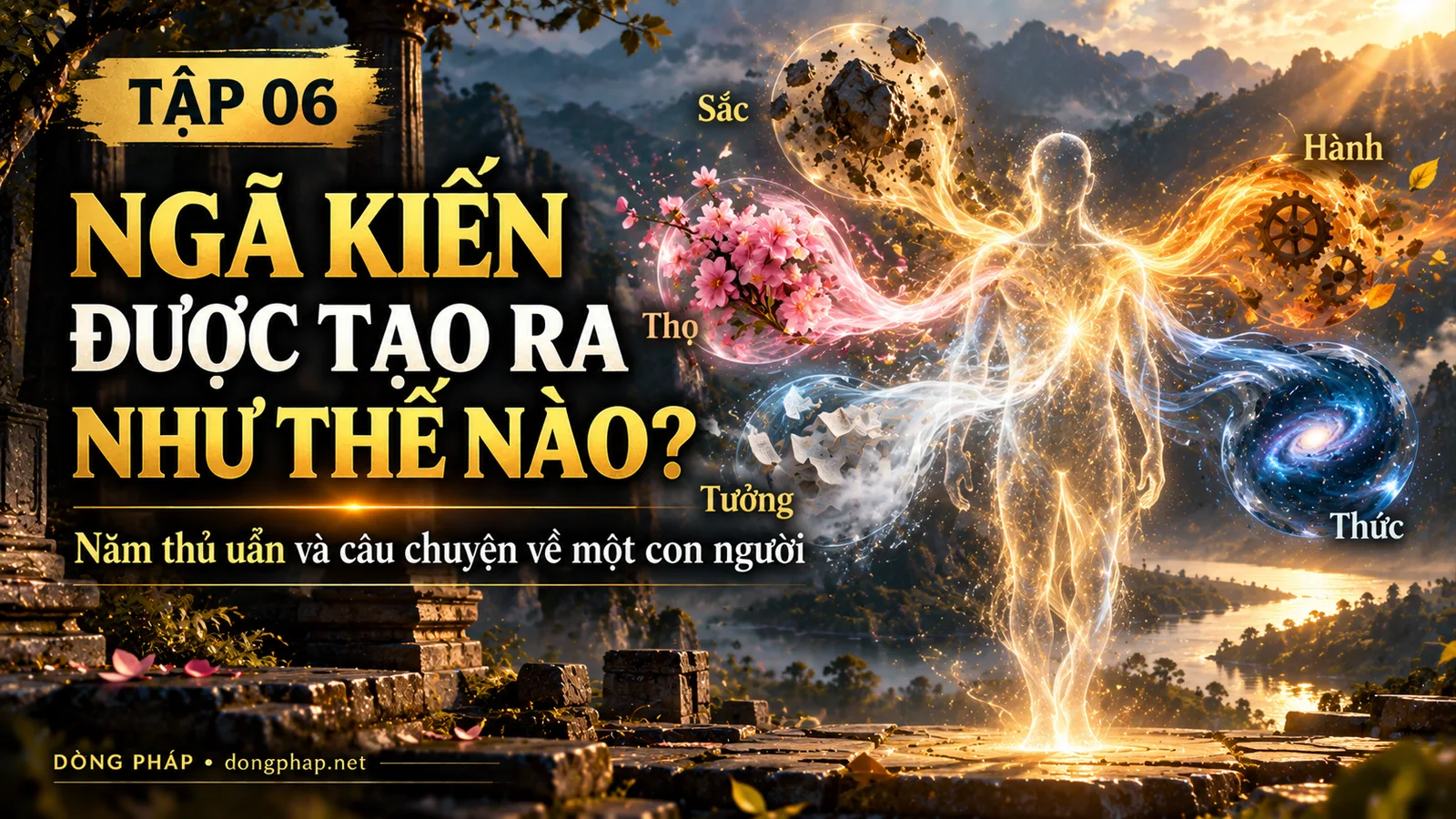 Ảnh bìa Tập 06 – Ngã kiến được tạo ra như thế nào? – Năm thủ uẩn và câu chuyện về một con người | Kinh Kim Cương trong ánh sáng Kinh tạng Pāli – Dòng Pháp Podcast