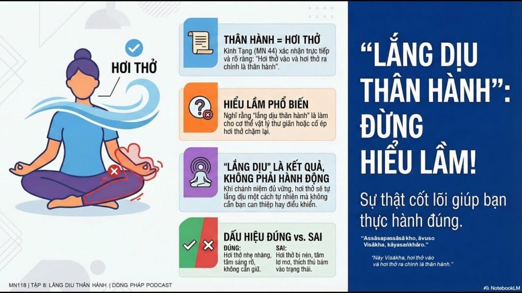 Kinh Quán Niệm Hơi Thở Tập 8: Bước 4 – Lắng Dịu Thân Hành (MN 118)